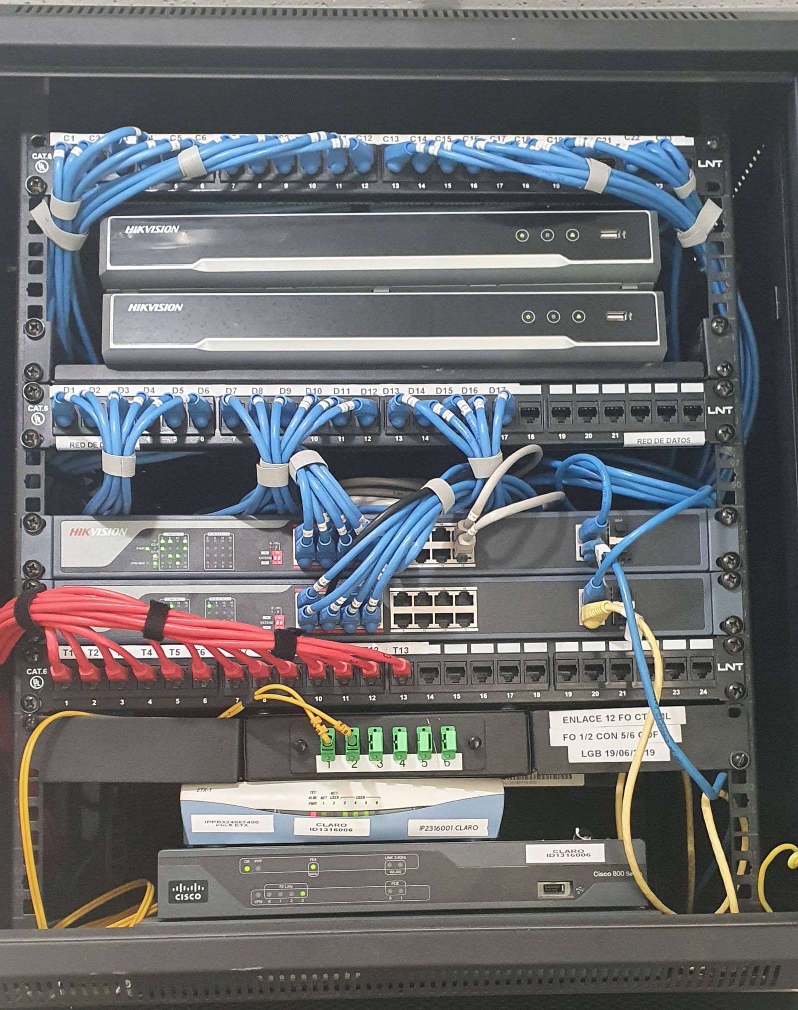 Network rack with patch panels, switches, fiber connections and structured cabling.