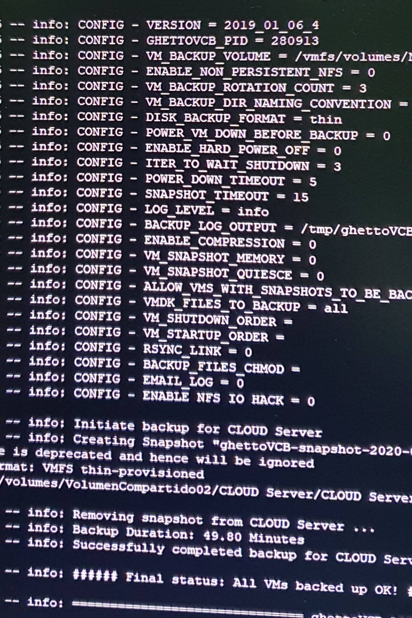 Terminal output from a virtual machine backup job ending with “Final status: All VMs backed up OK!”