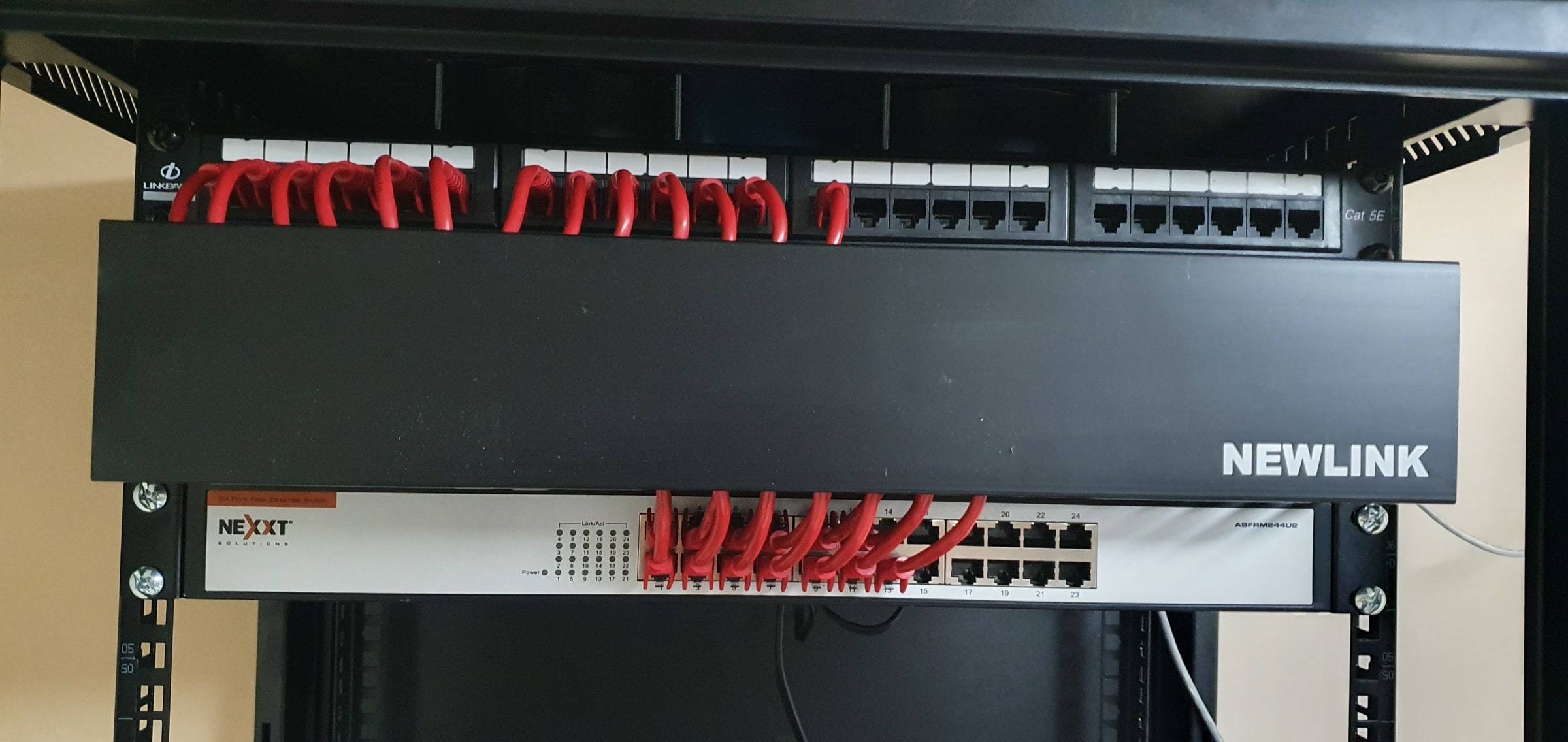 Patch panel and rack-mounted network switch connected with red Ethernet patch cables.